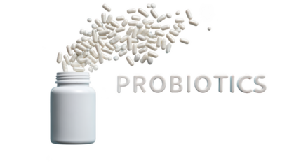 A white bottle with probiotics spilling out, isolated on transparent background