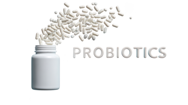 A white bottle with probiotics spilling out, isolated on transparent background