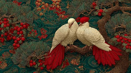 Two ornate white birds perch amid the gold lined flowers and branches texture