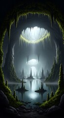 Mystical Cave Lake - A Serene Underground Landscape with Reflections.