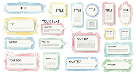 Watercolor frame set with pastel color text boxes for various purposes, white background