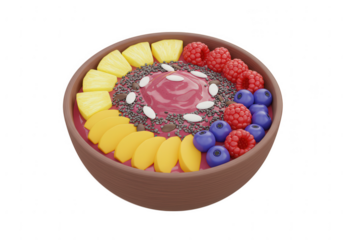 Vibrant acai bowl with fresh fruits and seeds isolated on transparent background