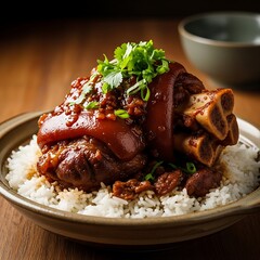 Braised Pork Knuckle on Rice - A Delicious Asian Dish.
