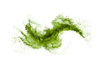 Vibrant emerald green finely ground matcha powder bursting dynamically, granules and dust scattering against white copy space, macro shot, concept for product advertising