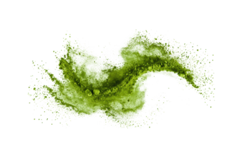 Vibrant emerald green finely ground matcha powder bursting dynamically, granules and dust scattering against white copy space, macro shot, concept for product advertising