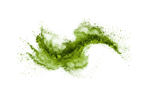 Vibrant emerald green finely ground matcha powder bursting dynamically, granules and dust scattering against white copy space, macro shot, concept for product advertising