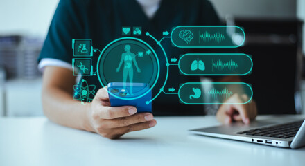 Hand holds a smartphone with a holographic screen, showing a medical app for virtual doctor consultation and remote patient care.
