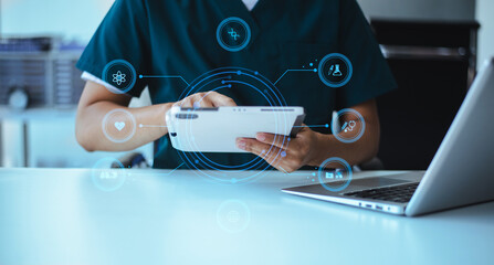 Doctor or scientist using a tablet with AI, science, and medical icons for research, diagnosis, and innovation in health technology.