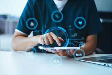 Doctor or scientist using a tablet with AI, science, and medical icons for research, diagnosis, and innovation in health technology.