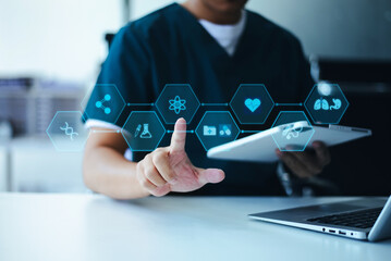 Doctor or scientist using a tablet with AI, science, and medical icons for research, diagnosis, and innovation in health technology.