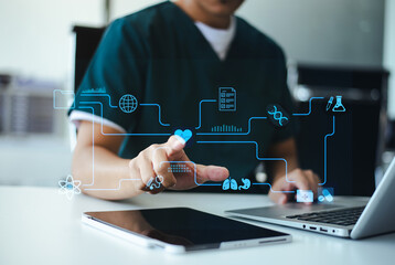 Doctor or scientist using a tablet with AI, science, and medical icons for research, diagnosis, and innovation in health technology.