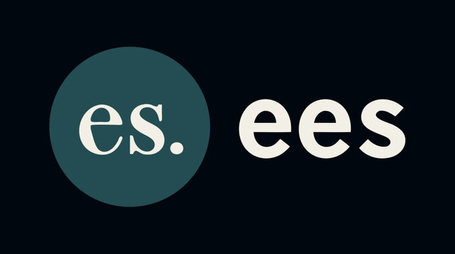 Abstract minimalist typographic design featuring initial letters 'es.' within a dark teal circle and 'ees' text on a dark background