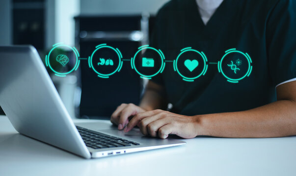 Healthcare professional or scientist interacts with a futuristic hexagonal interface of medical, science, and AI icons, representing global health data and research.