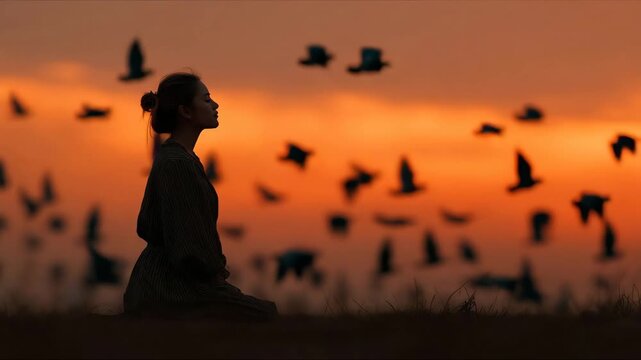 Freedom feel good and travel adventure concept. Copy space of silhouette woman on sunset sky and bird fly abstract background.