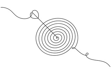 Success goal with continuous one line drawn arrows on white background minimalist round and bullseye outline vector illustration