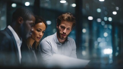 Three professionals collaborating over documents in a modern office setting lit by ambient light