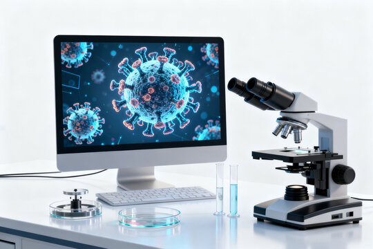Microscope and computer screen displaying virus