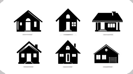 Fototapeta premium Collection of diverse house icons. Black and white vector silhouettes representing various residential buildings, homes, and architectural styles.