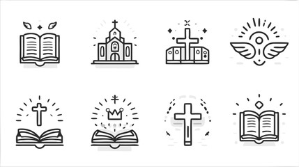 Christian religious line icons set. Collection of spiritual symbols: church, bible, holy cross, angel wings, and crown for faith design.