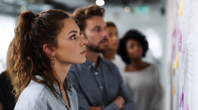 A diverse group of professionals intently observing a whiteboard filled with notes and ideas during a collaborative work session