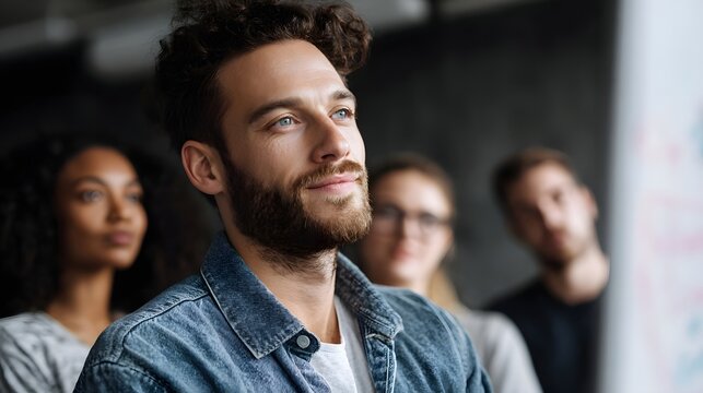 Man looks up thoughtfully in a modern office with colleagues symbolizing collabo n and innovation - Powered by Adobe