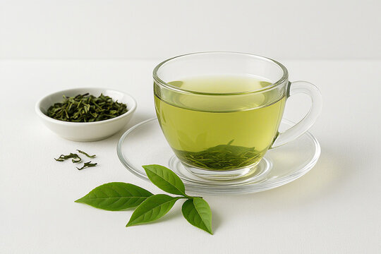 cup of green tea and tea leaf isolated on white background