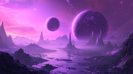 Purple alien planet landscape with two moons.