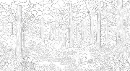 Fototapeta premium Monochrome outline drawing of a lush forest with various trees and dense foliage, white background