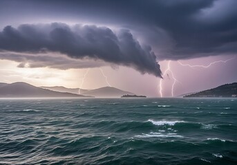 Dramatic Lightning Storm Over the Ocean with Dark Clouds.
