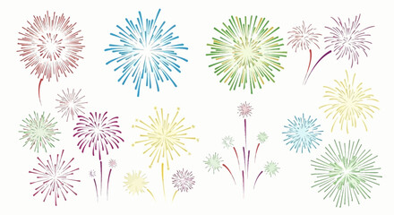 Set of colorful fireworks illustrations for summer and event materials, vector design, white background