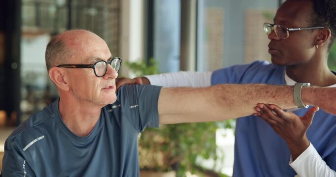 Old man, stretching and physical therapy for fitness, nursing home and healthcare with arm exercise. Assisted living, help and elderly patient with injury, people or rehabilitation with caregiver