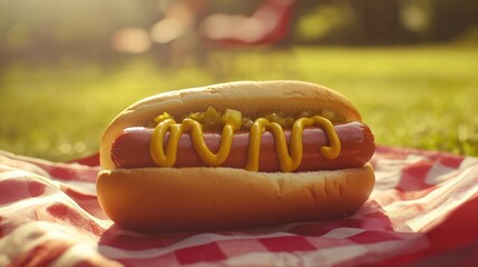 Delicious hot dog on a picnic blanket in a park.