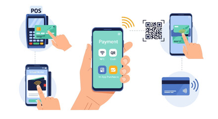 Illustration showing various methods of cashless payments using smartphones and credit cards, white background