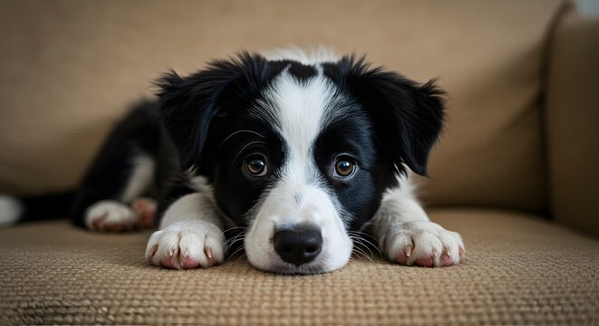 A Border Collie Puppy’s Quiet Moment on a Cozy Beige Couch