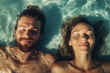 Relaxing couple enjoying a tranquil moment in a sunlit pool on a warm afternoon