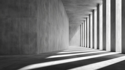 打ちっぱなしのコンクリートの柱と壁が連続する空間を、モノクロ調で捉えた建築写真。強い光が斜めから差し込み、床にドラマチックな影のストライプを作り出しており、ミニマルで静謐な雰囲気。