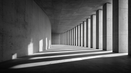 打ちっぱなしのコンクリートの柱と壁が連続する空間を、モノクロ調で捉えた建築写真。強い光が斜めから差し込み、床にドラマチックな影のストライプを作り出しており、ミニマルで静謐な雰囲気。