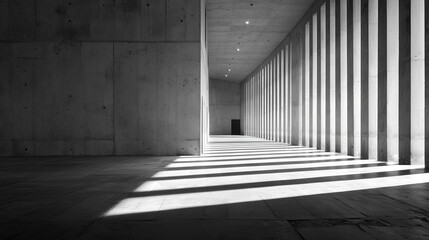 打ちっぱなしのコンクリートの柱と壁が連続する空間を、モノクロ調で捉えた建築写真。強い光が斜めから差し込み、床にドラマチックな影のストライプを作り出しており、ミニマルで静謐な雰囲気。