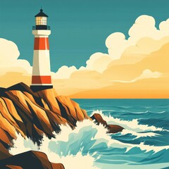 Lighthouse on rocky coast at sunset.