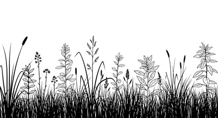 Monochrome vector illustration of a field with grasses and plants, white background © Alfarizi