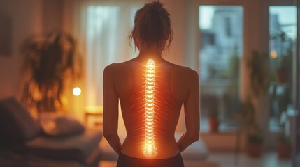 Woman's spine highlighted with glowing anatomical representation.