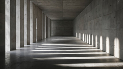 打ちっぱなしのコンクリートの柱と壁が連続する空間を、モノクロ調で捉えた建築写真。強い光が斜めから差し込み、床にドラマチックな影のストライプを作り出しており、ミニマルで静謐な雰囲気。