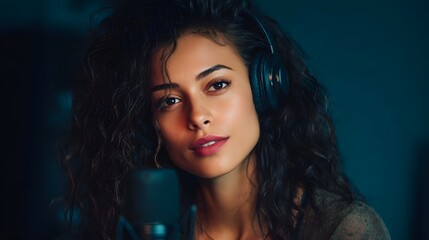 Naklejka premium A woman with curly hair wears headphones and speaks into a microphone in a dimly lit studio for audio recording