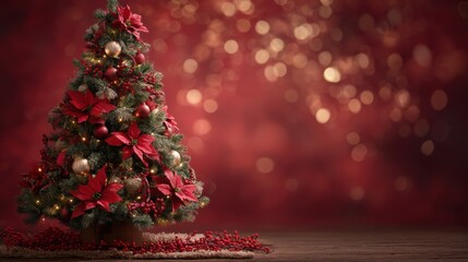 Tall Fir Christmas Tree with Red Velvet Ribbons, Gold Baubles and Berries for Magical Festive Atmosphere

