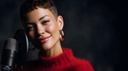 A confident woman with short hair smiles while recording with a studio microphone in a cozy red sweater