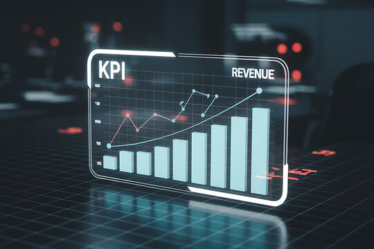 Futuristic KPI HUD Display With Revenue Chart Bar Graph Projection