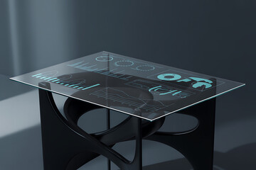 Futuristic Table Displaying Data Analytics and Visual Information