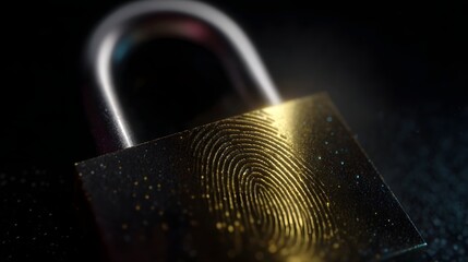 Close up ro view of a metallic padlock with a golden fingerprint scan symbolizing digital security and personal authentication