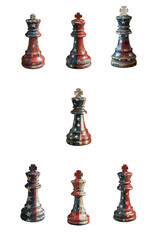 Naklejka premium Several chess king pieces decorated with the american flag pattern isolated on transparent background