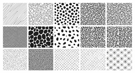 Collection of nine black and white vector seamless texture patterns for backgrounds, white background